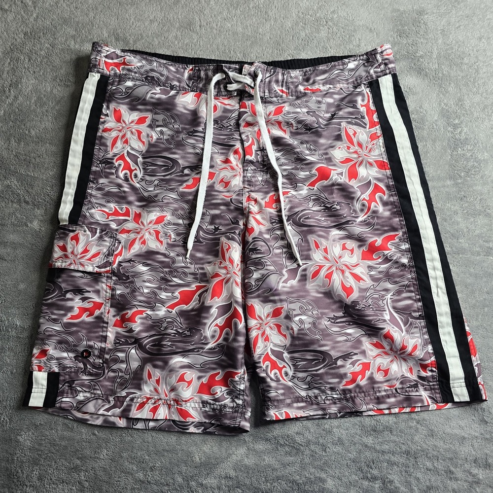 Gecko Hawaii Shorts Mens M Boardshorts Red Floral Gecko Drawstring 10" Lined